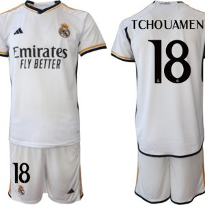 Herren Fußball Trikot Real Madrid 2023-24 Heimtrikot Kurzarm + Kurze Hosen TCHOUAMENI 18