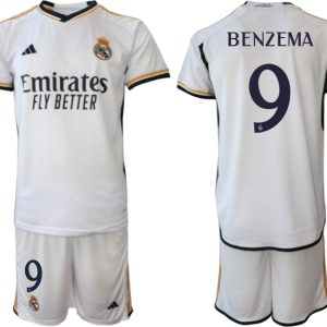 Herren Real Madrid 2023-24 Heimtrikot in weiß Kurzarm + Kurze Hosen BENZEMA 9