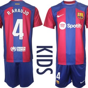 Kinderheim Trikot FC Barcelona 2023-24 Fußballtrikots Trikotsatz R.ARAUJO 4