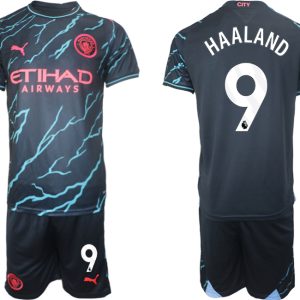 Herren Manchester City Drittes Trikot 2023/24 Kurzarm + Kurze Hosen Erling Haaland 9