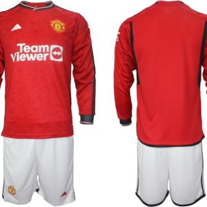 Herren Manchester United 2023-2024 Trikot rot Langarm + weiß Kurze Hosen