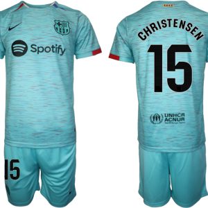 Herren Set FC Barcelona 2023-24 Drittes Trikot blau Kurzarm + Kurze Hosen Andreas Christensen 15