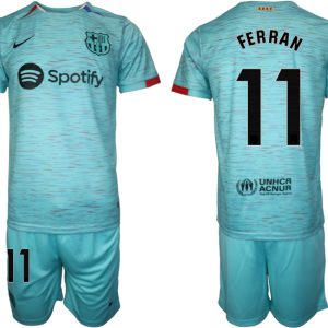 Herren Set FC Barcelona 2023-24 Drittes Trikot blau Kurzarm + Kurze Hosen Ferran Torres 11