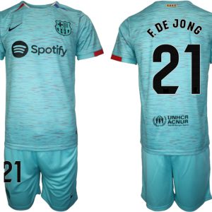 Herren Set FC Barcelona 2023-24 Drittes Trikot blau Kurzarm + Kurze Hosen Frenkie de Jong 21