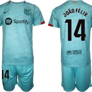 Herren Set FC Barcelona 2023-24 Drittes Trikot blau Kurzarm + Kurze Hosen Joao Felix 14