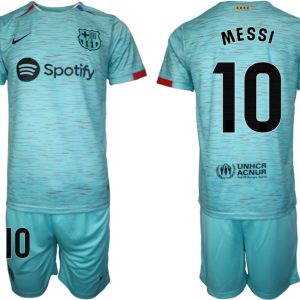 Herren Set FC Barcelona 2023-24 Drittes Trikot blau Kurzarm + Kurze Hosen Lionel Messi 10