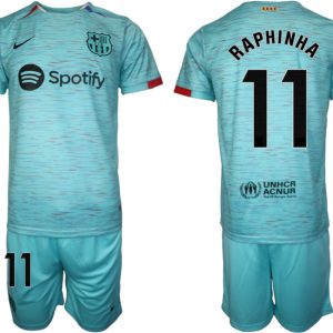 Herren Set FC Barcelona 2023-24 Drittes Trikot blau Kurzarm + Kurze Hosen Raphinha 11