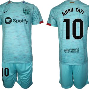 Herren Set FC Barcelona 2023-24 Drittes Trikot blau mit Aufdruck Ansu Fati 10