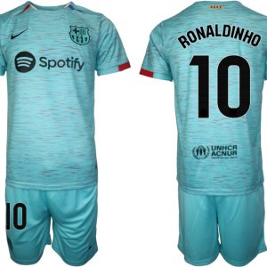 Herren Set FC Barcelona 2023-24 Drittes Trikot blau mit Aufdruck Ronaldinho 10