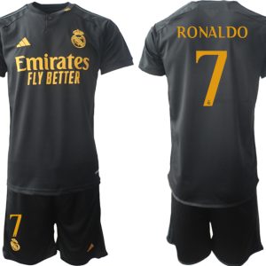 Real Madrid 2023-24 Drittes Trikot schwarze goldgelb Fußballtrikots Set Cristiano Ronaldo 7