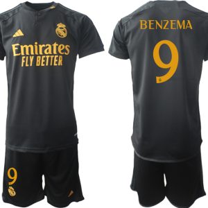 Real Madrid 2023-24 Drittes Trikot schwarze goldgelb Fußballtrikots Set Karim Benzema 9