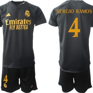 Real Madrid 2023-24 Drittes Trikot schwarze goldgelb Fußballtrikots Set Sergio Ramos 4