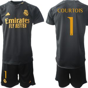 Real Madrid 2023-24 Drittes Trikot schwarze goldgelb Fußballtrikots Set Thibaut Courtois 1