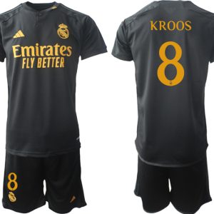 Real Madrid 2023-24 Drittes Trikot schwarze goldgelb Fußballtrikots Set Toni Kroos 8