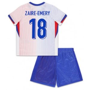 Kinder Frankreich Trikot EM 2024 Auswärtstrikot Günstige Fußball trikotsatz Warren Zaire-Emery 18